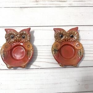 Vintage MCM Owl Trinket Tray Tealight Candle Holder Set of 2
